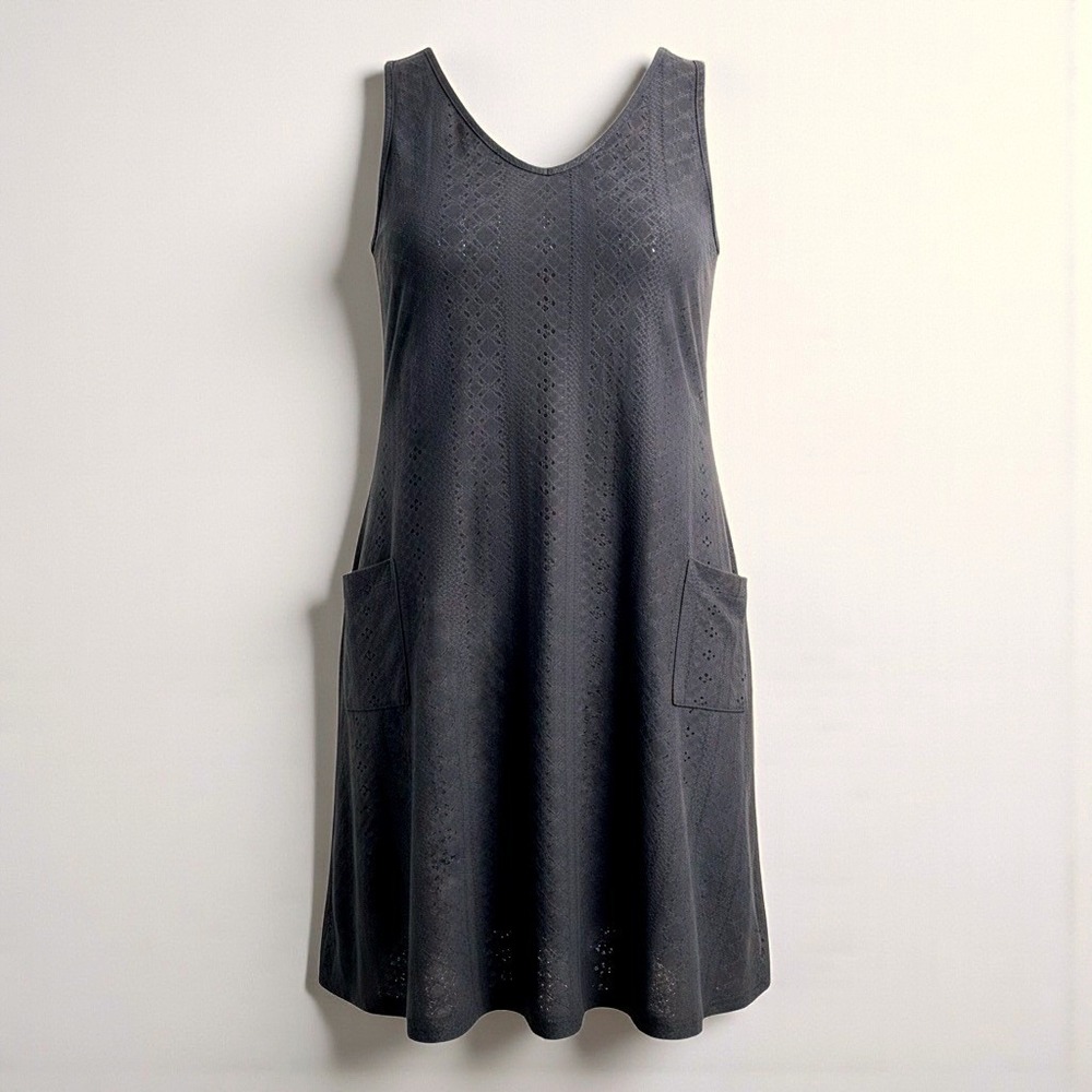 Black Pointelle Knit V-Neck Sleeveless Shift Swim Cover Up Dress with Pockets XL